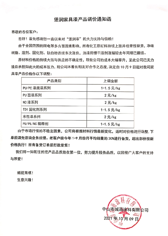 堡润家具漆调节通知